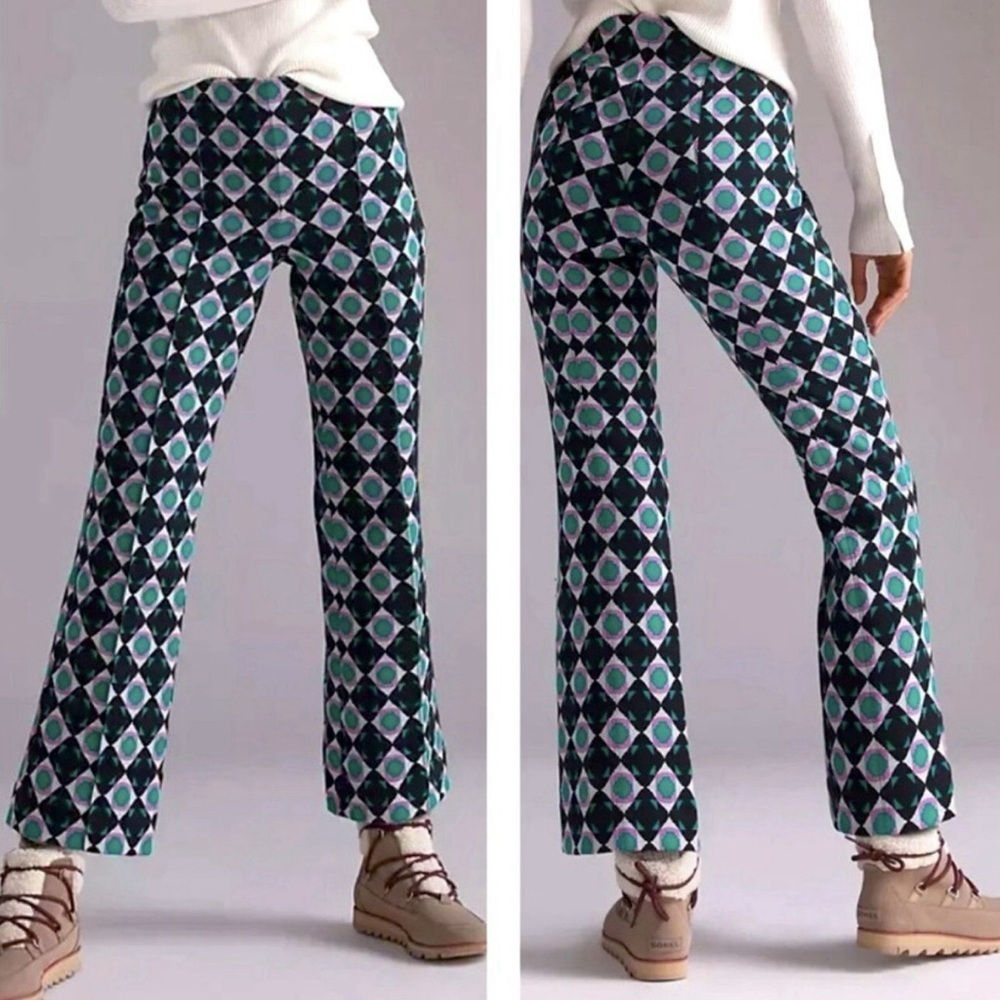 Anthropologie Maeve Margot Kick Flare Cropped Pants Geometric Black Motif XS